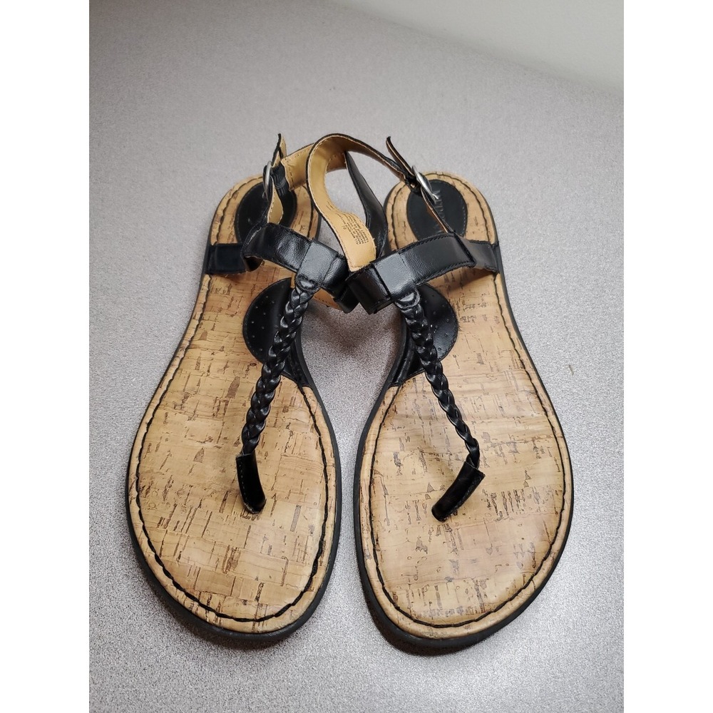 Merona Braided T-Strap Sandals Womens 9.5 Cork Print Footbed Ankle Strap Black